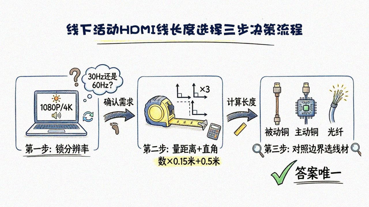 <strong>线下活动HDMI线长度选择</strong>三步决策流程
