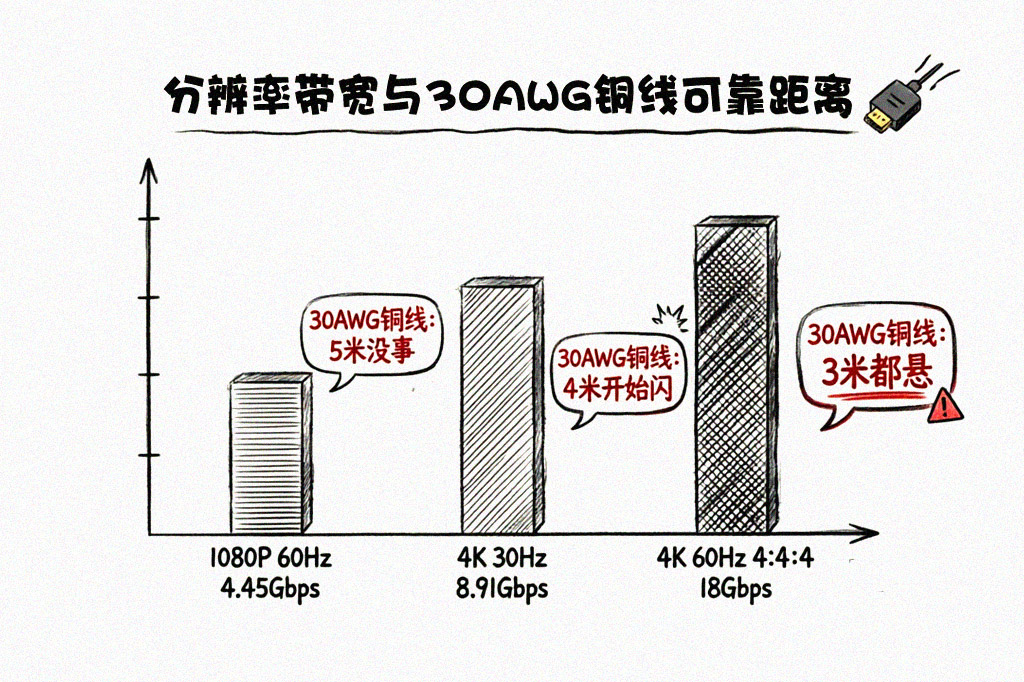 分辨率带宽与30AWG铜线可靠距离