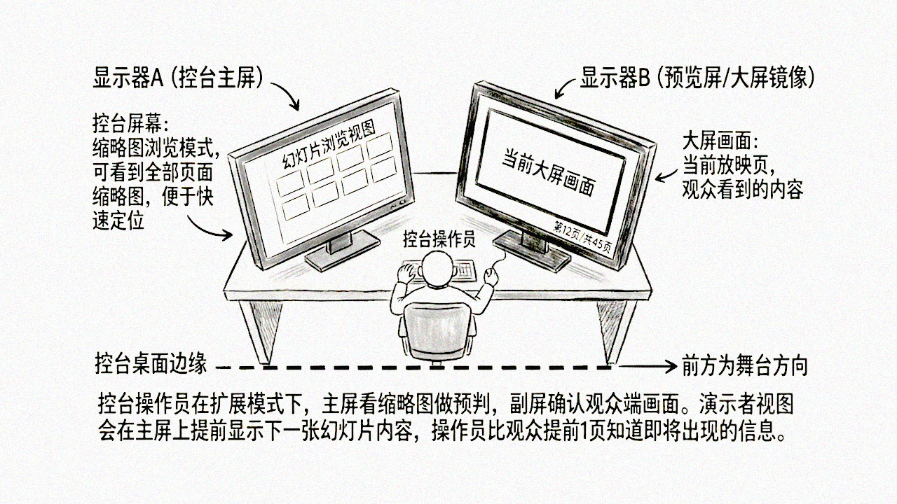 控台双屏“扩展模式”视野示意图