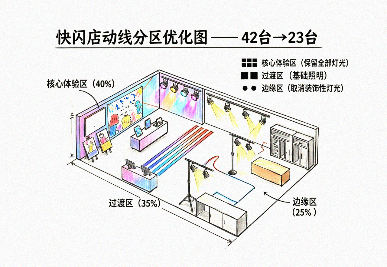 快闪店预算超支：活动现场动线设计手绘分区图——核心体验区，保留灯光，过渡区基础照明，边缘区取消装饰光