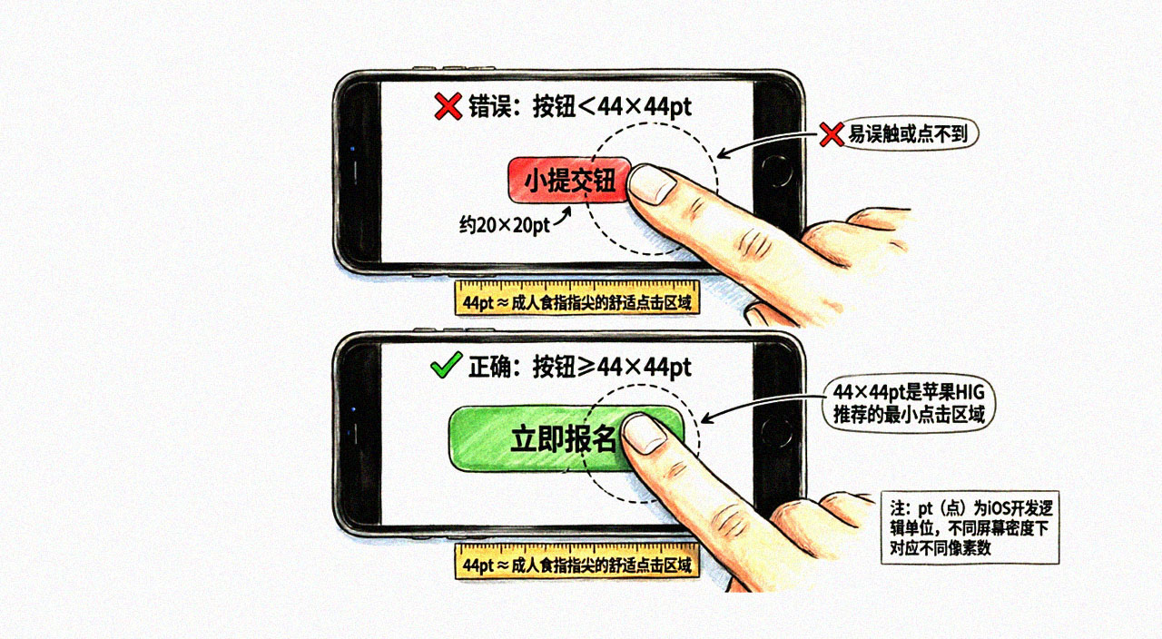44×44pt按钮尺寸物理参数手绘图