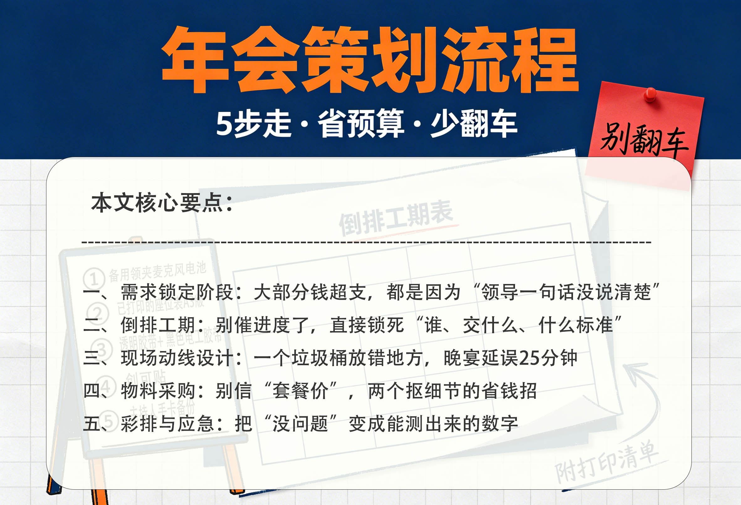 企业年会策划流程乱？按这5步走，省预算、少翻车（附倒排工期表）核心要点