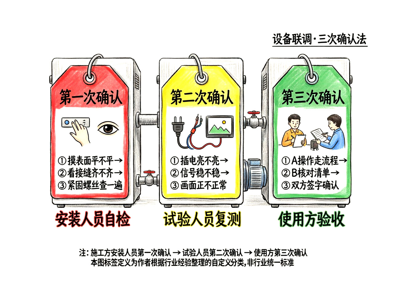 设备联调“三次确认法”操作示意图