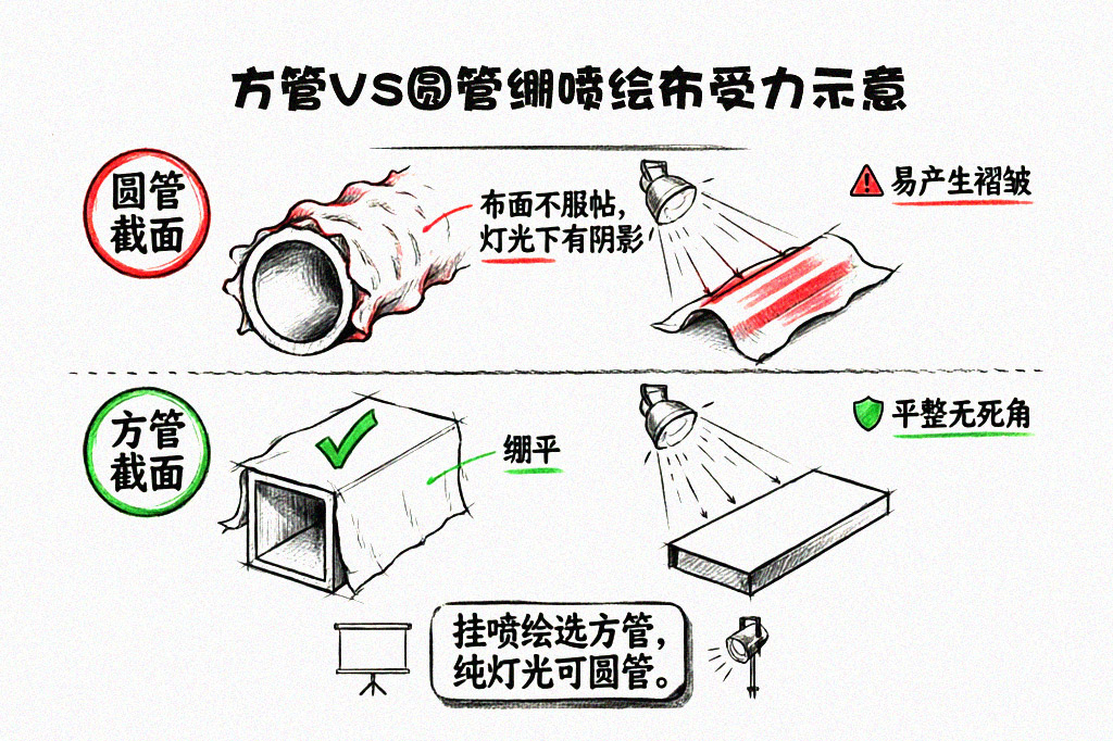 方管vs圆管绷喷绘布受力示意