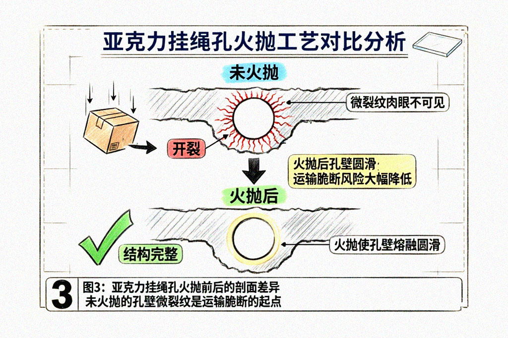 亚克力挂绳孔火抛前后剖面图