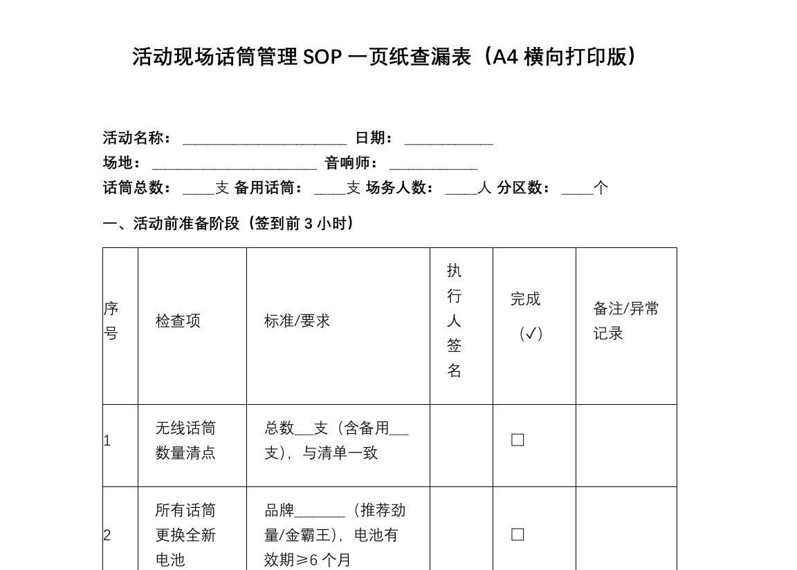 《活动现场话筒管理SOP一页纸查漏表》截图