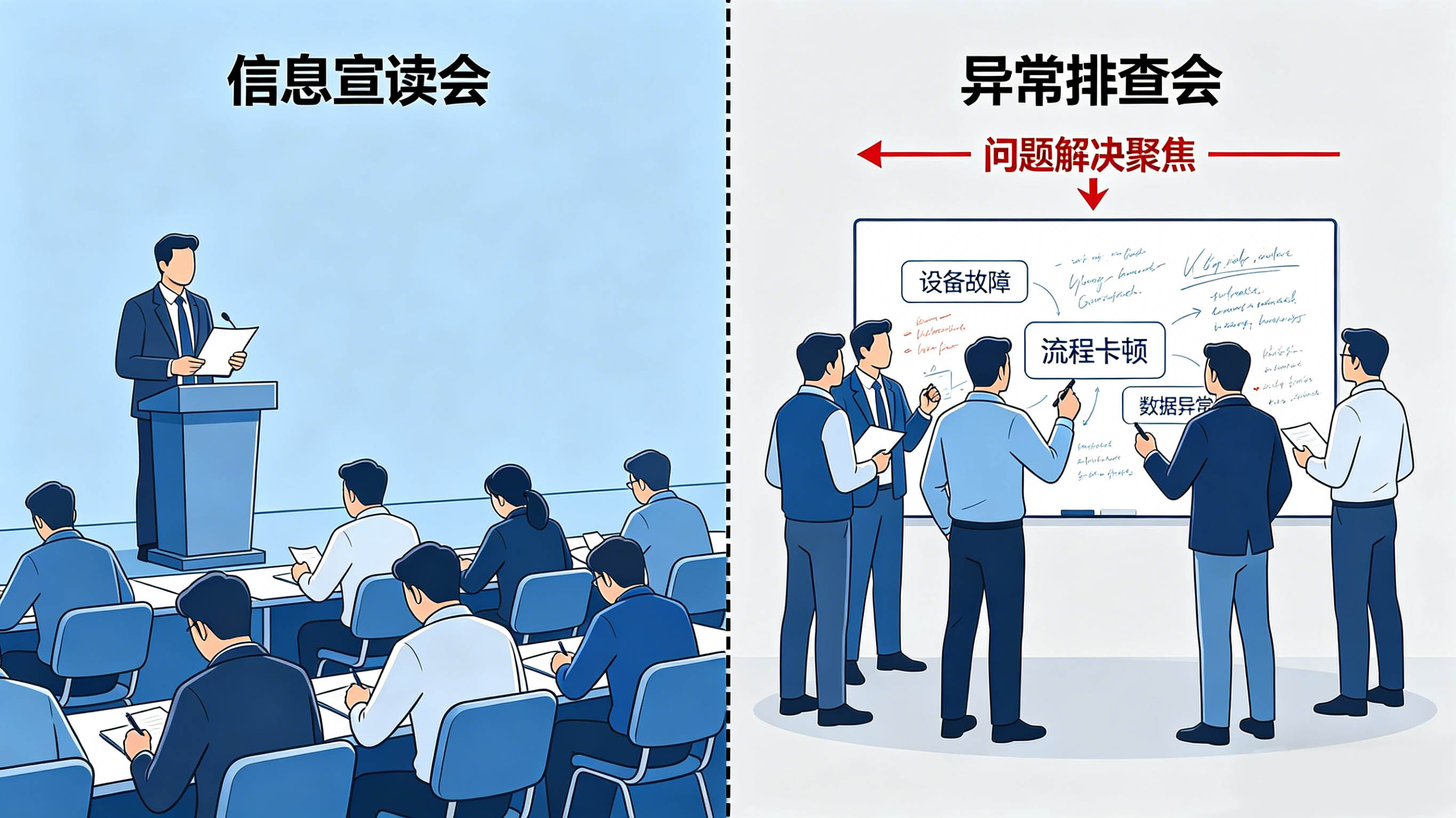 两种会议模式的对比,异常排查会更聚焦问题解决