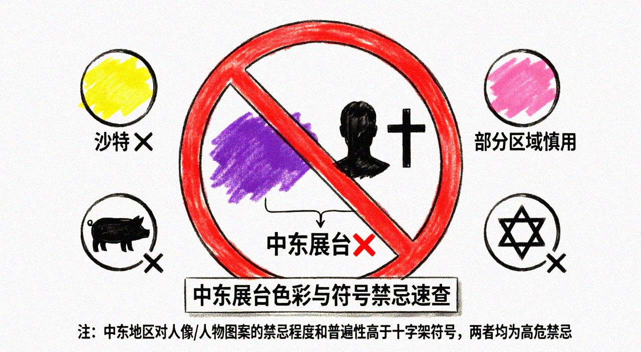 “中东紫色+人像+十字架禁忌”警示图