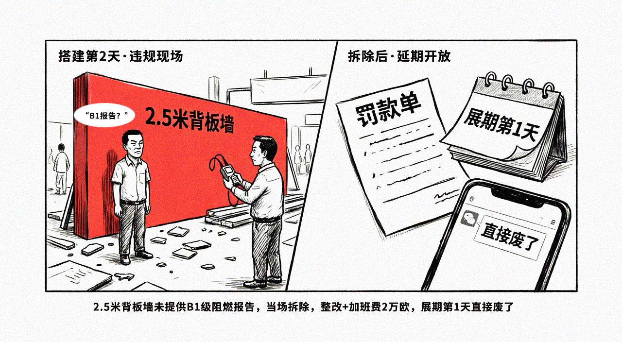 IFA展台背板墙拆除事故示意手绘图