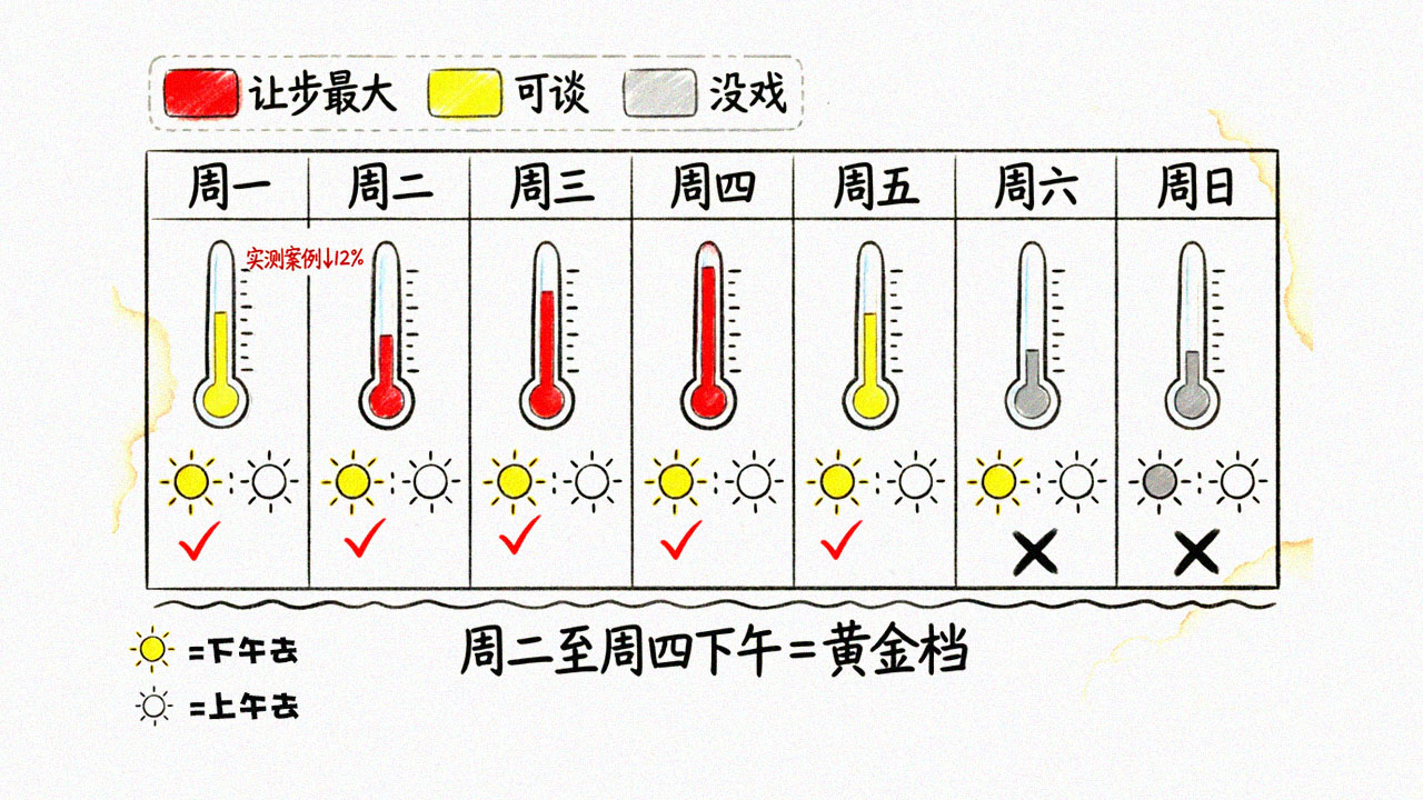 一周看场时点热力图:周二至周四下午让步空间最大,周末档期满没折扣