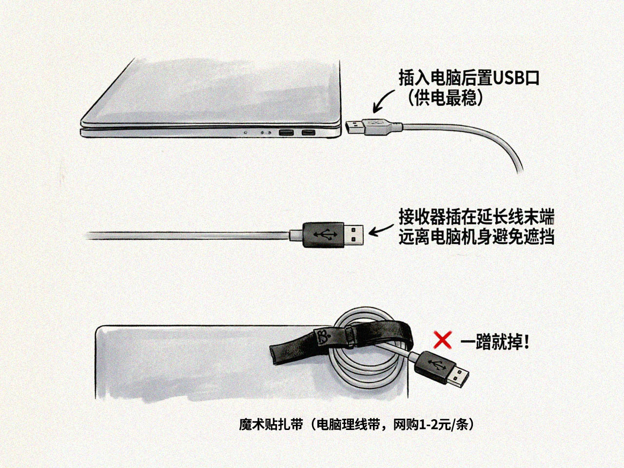 USB接收器防丢固定3步走(延长线+魔术贴扎带法)