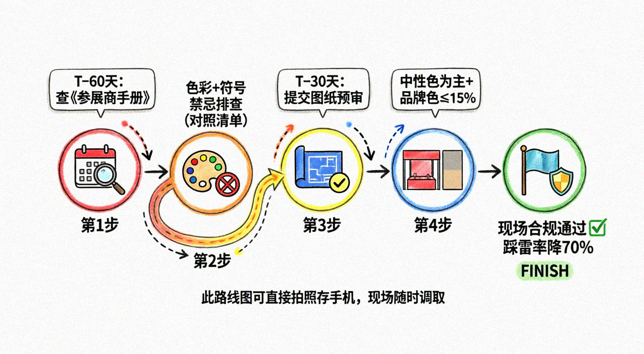 “境外展台设计避坑路线图”手绘流程图