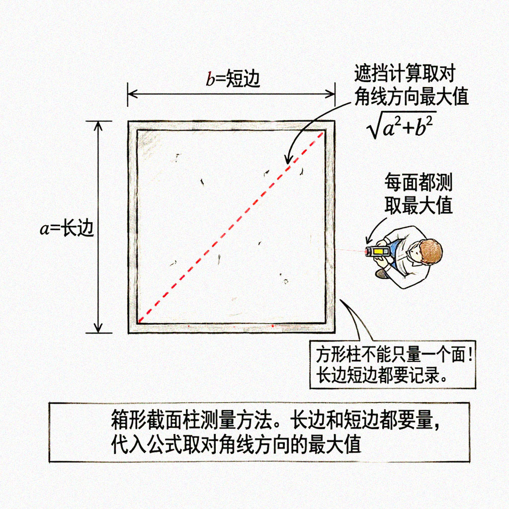 方形柱俯视测量示意图