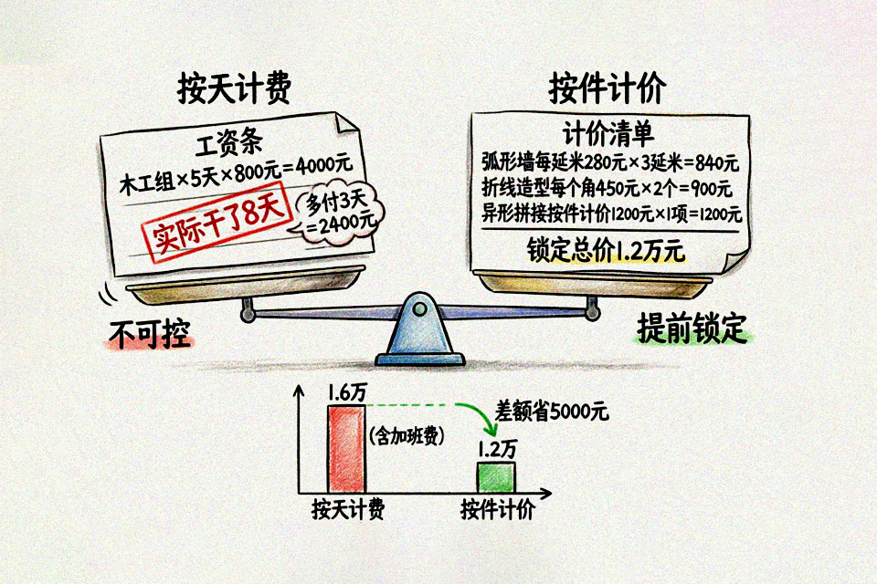 <strong>展台异形结构</strong>人工费——按天计费 vs 按件计价对比图