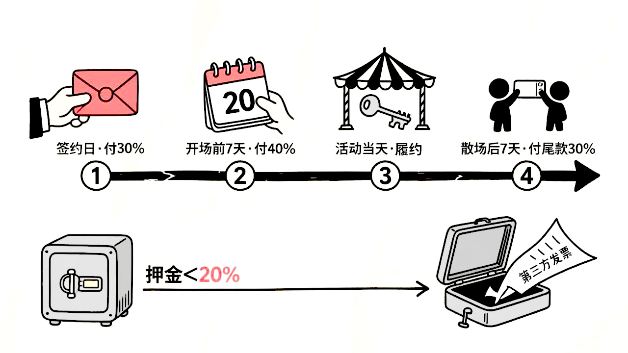 场地押金与付款节奏时间轴,押金凭发票15个工作日内退还